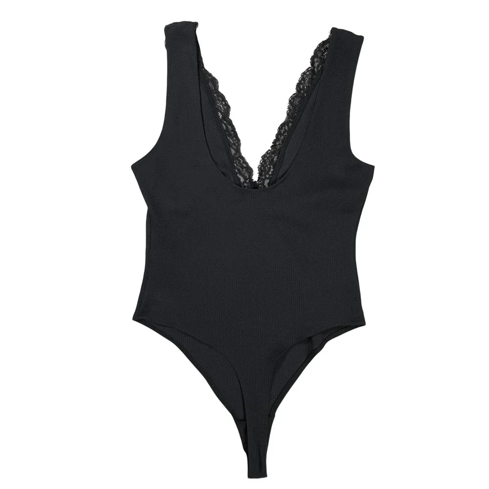 Free People Intimately First Call Bodysuit Womens Small Black Lace Trim‎ V-Neck